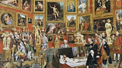 Room full of painting, statues and artists