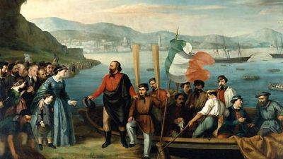painting of people at an Italian port