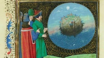 This manuscript illumination depicts Earth as seen by a group of astronomers. This illumination came at the beginning of book 9 of Bartholomaeus Anglicus's De proprietatibus rerum. Book 9 details the celestial bodies and the practical measuring of time, such as the rotation of the earth.