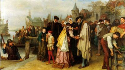 Painting of people at a port bidding farewell, with a woman in a gown embraced by family, ships in the background, and a medieval town setting.