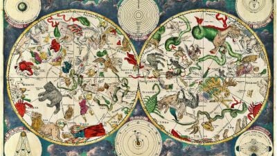 Illustrated star map with mythological constellations like Leo, Taurus, and Aquarius across two hemispheres, surrounded by celestial diagrams and vibrant colours
